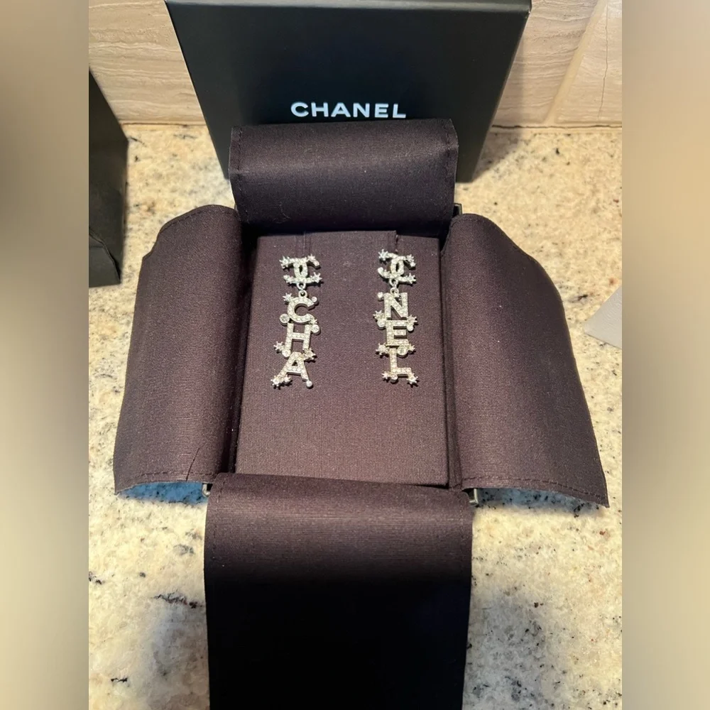 Chanel “23P” Pendant Silver Tone and Crystal Dangle Earrings - Picture 5 of 9